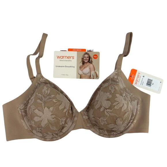 Warners Blissful Benefits Underarm Smoothing T Shirt Bra 36C Unlined Floral - Picture 1 of 7